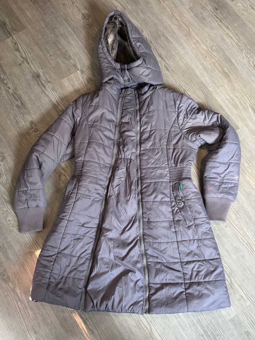 Modern Eternity Maternity Long Hooded Puffer Coat in Taupe